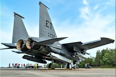 An F-15E Strike Eagle is loaded with five JASSMs at Eglin Air Force Base Fla May 11 2021 as part of Project Strike Rodeo - 3 c USAF